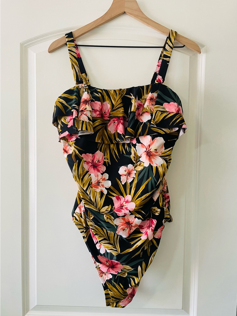 Kona Sol Black Floral Ruffle One-Piece Swimsuit with Pink Flowers NWT